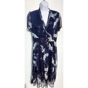 Metisu Womens Navy Blue Silk Dress Size 10 Japanese Crane Birds Asian Bohemian